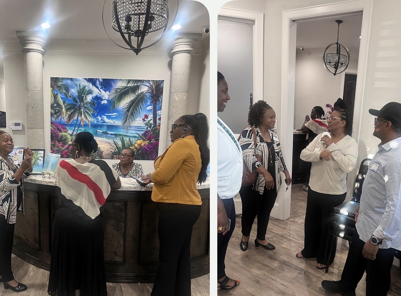 Guests mingling and talking in the Catalysts lobby beside a large tropical painting