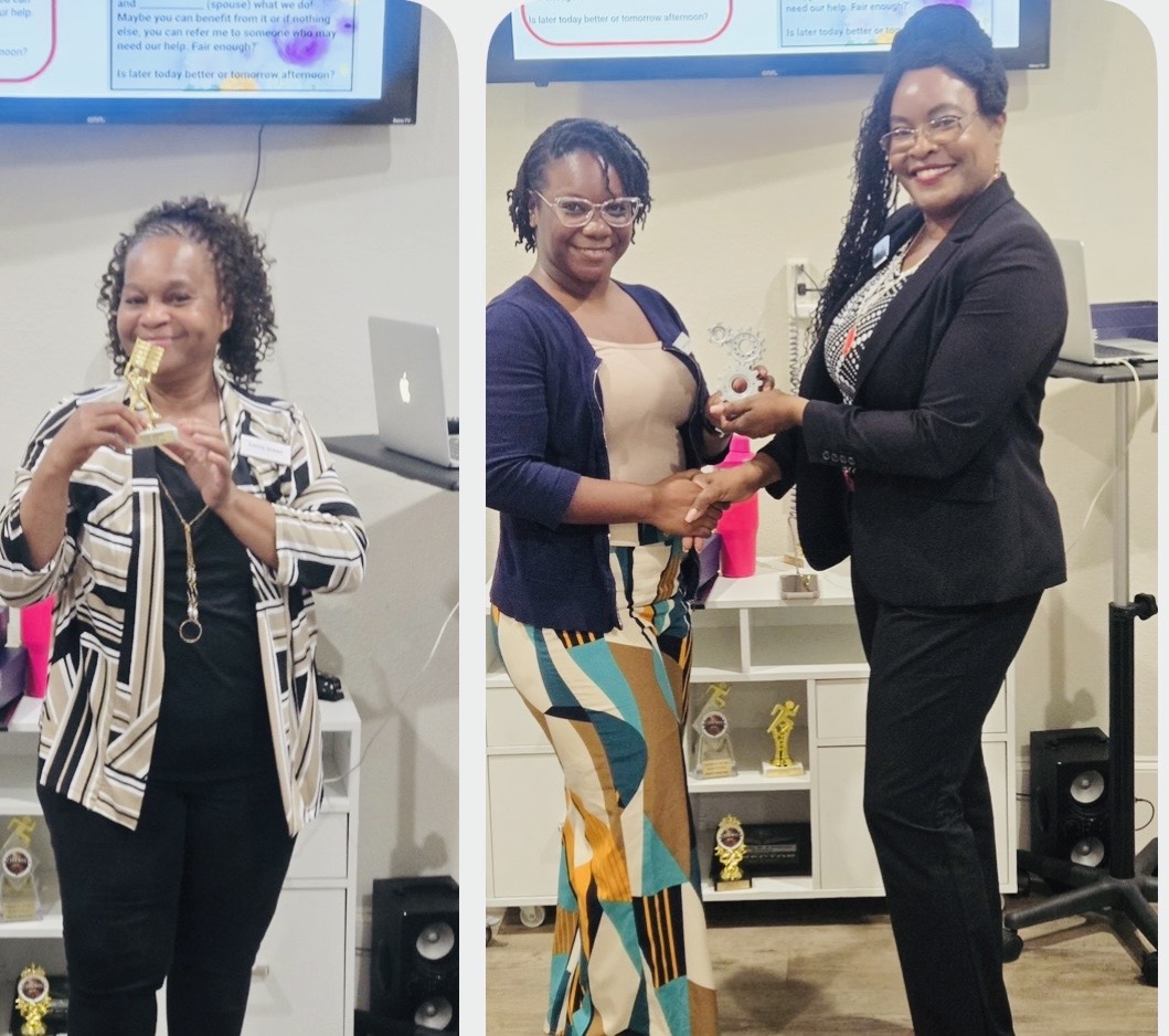A woman holding an award, and two women smiling as one receives the award